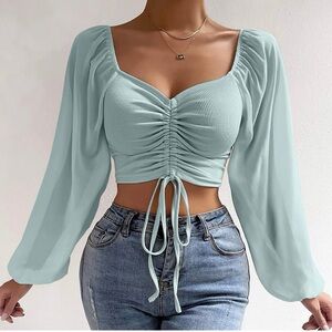 Mesh long sleeve Ruched Draw String Crop Top